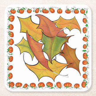 Colourful Autumn Leaves Pumpkins Party Square Paper Coaster