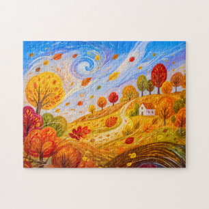Colourful autumn leaves swirling in wind jigsaw puzzle