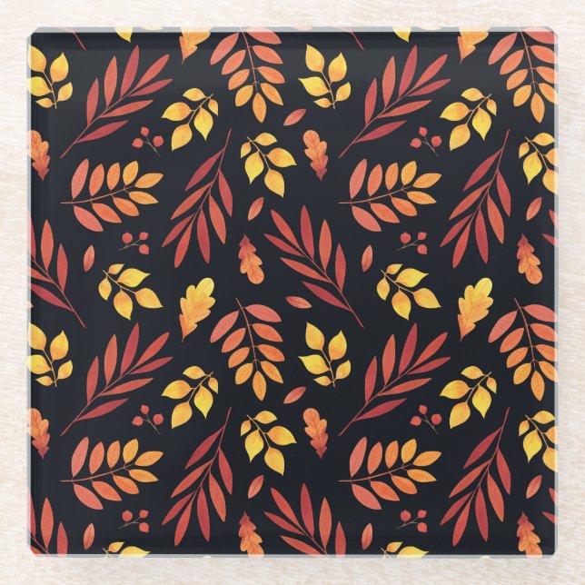 Colourful Autumn Leaves Watercolor Pattern Glass Coaster (Front)
