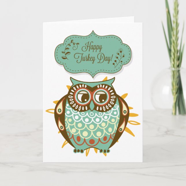 Colourful Autumn Owl Floral Happy Turkey Day Card (Front)