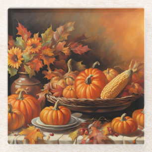 Colourful Autumn Pumpkins Glass Coaster