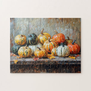 Colourful Autumn Pumpkins on Rustic Table Jigsaw Puzzle