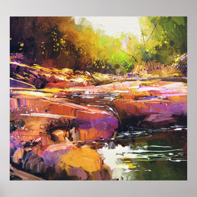 Colourful autumn river, landscape painting. poster (Front)