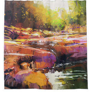 Colourful autumn river, landscape painting. shower curtain