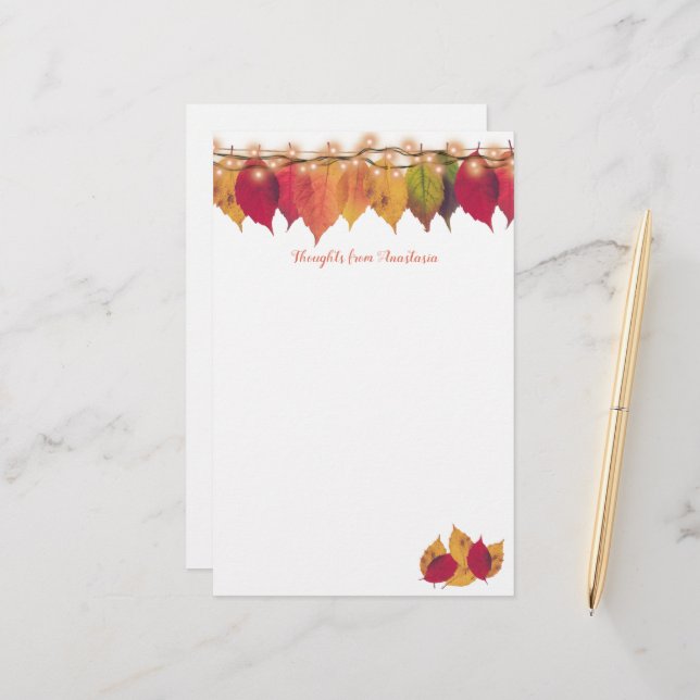 Colourful Autumn Seasonal Leaves Firefly Lights Stationery (Front/Back In Situ)