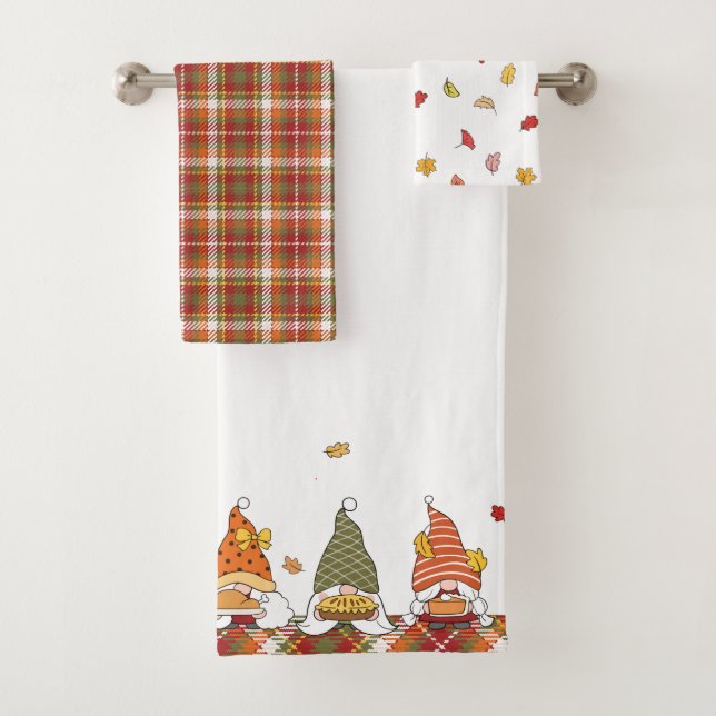 Colourful Autumn Thanksgiving Gnomes Bath Towel Set (Insitu)