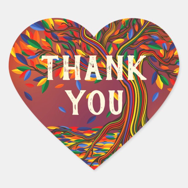 Colourful Autumn Tree Cheerful Bold Cool Thank You Heart Sticker (Front)