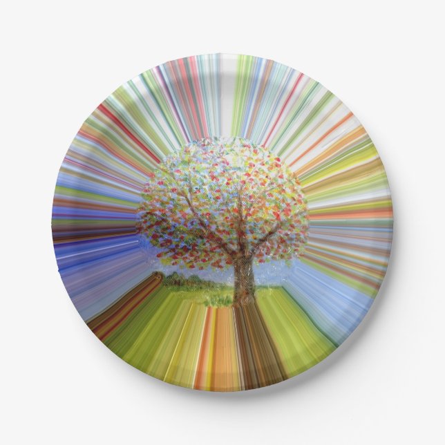 Colourful Autumn Tree Striped Paper Plate (Front)