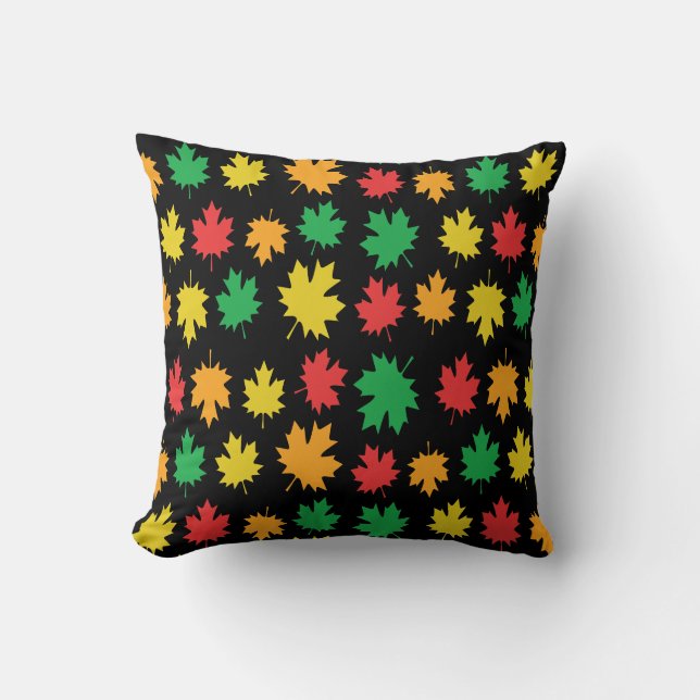 Colourful Autumnal Leafs - Nature Pattern on Black Cushion (Front)