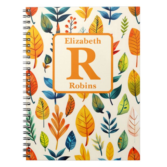 Colourful autums leaves boho personalised monogram notebook (Front)