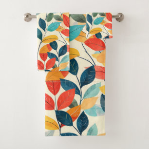 Colourful autums leaves pattern bath towel set