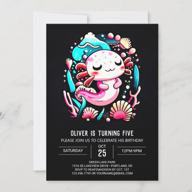 Colourful Axolotl Watercolor Birthday Celebration Invitation (Front)