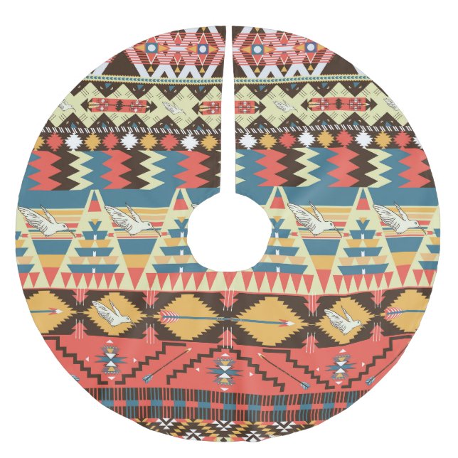 Colourful Aztec: birds, flowers pattern. Brushed Polyester Tree Skirt (Front)