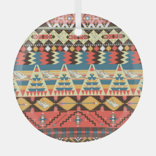 Colourful Aztec: birds, flowers pattern. Glass Tree Decoration
