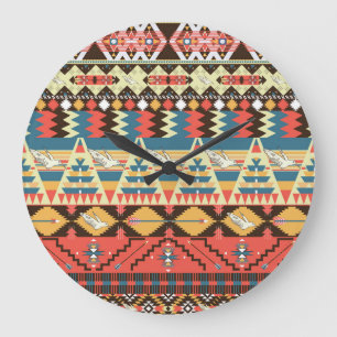 Colourful Aztec: birds, flowers pattern. Large Clock