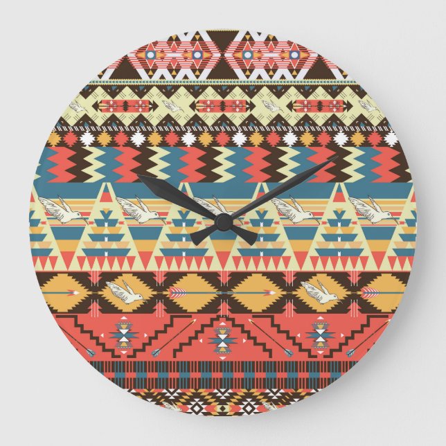 Colourful Aztec: birds, flowers pattern. Large Clock (Front)