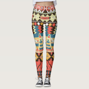 Colourful Aztec: birds, flowers pattern. Leggings