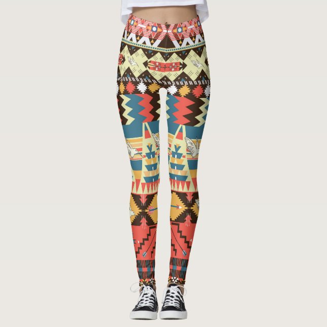 Colourful Aztec: birds, flowers pattern. Leggings (Front)