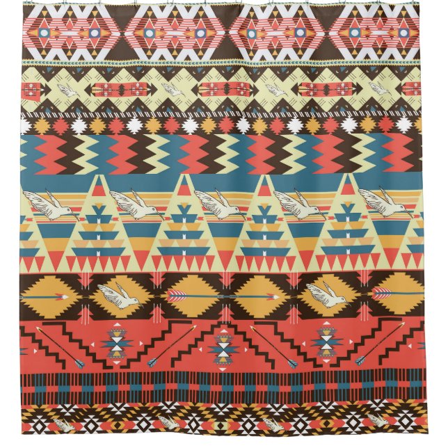 Colourful Aztec: birds, flowers pattern. Shower Curtain (Front)