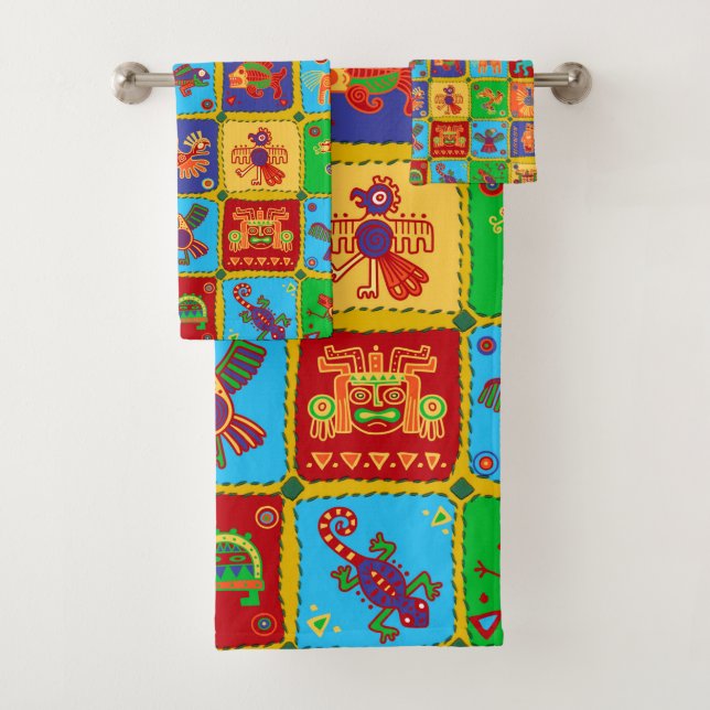 Colourful Aztec Mexican Animals Bath Towel Set (Insitu)