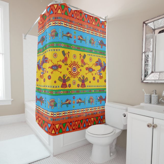 Colourful Aztec Mexican Animals Ornament Shower Curtain (In Situ)
