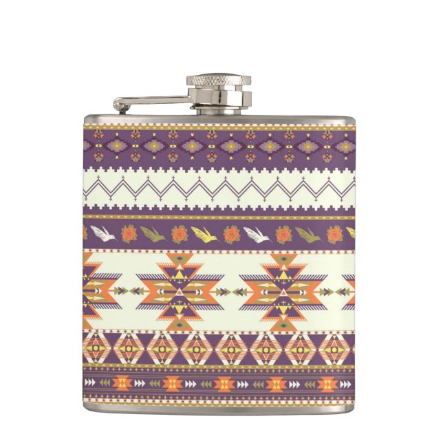 Colourful aztec pattern hip flask (Front)