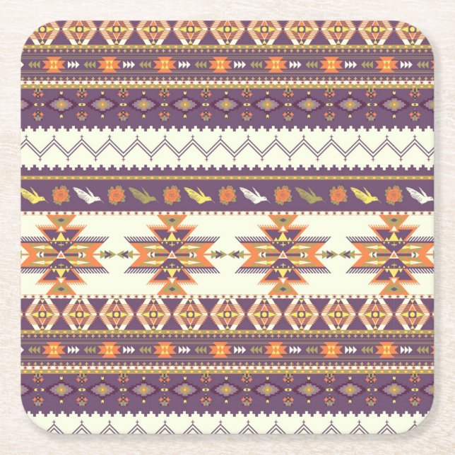 Colourful aztec pattern square paper coaster (Front)