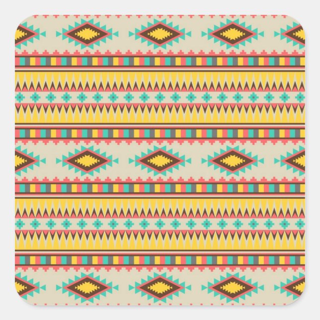 Colourful Aztec Tribal Native American Diamonds Square Sticker (Front)