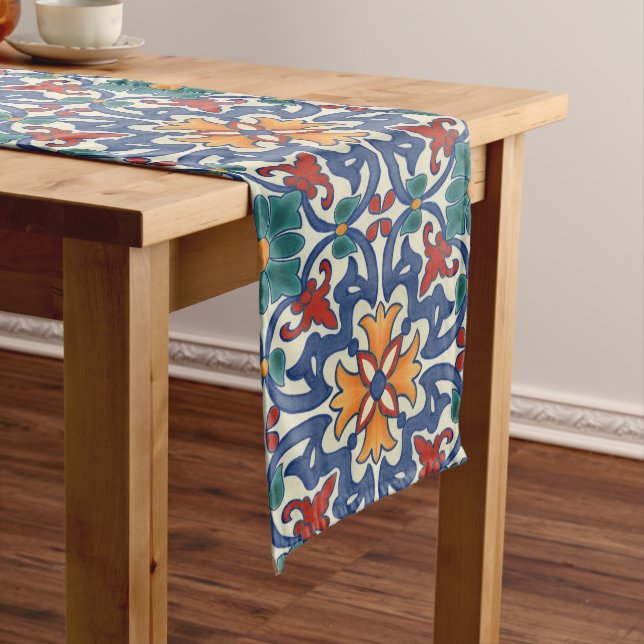 Colourful Azulejos Pattern Long Table Runner (In Situ)
