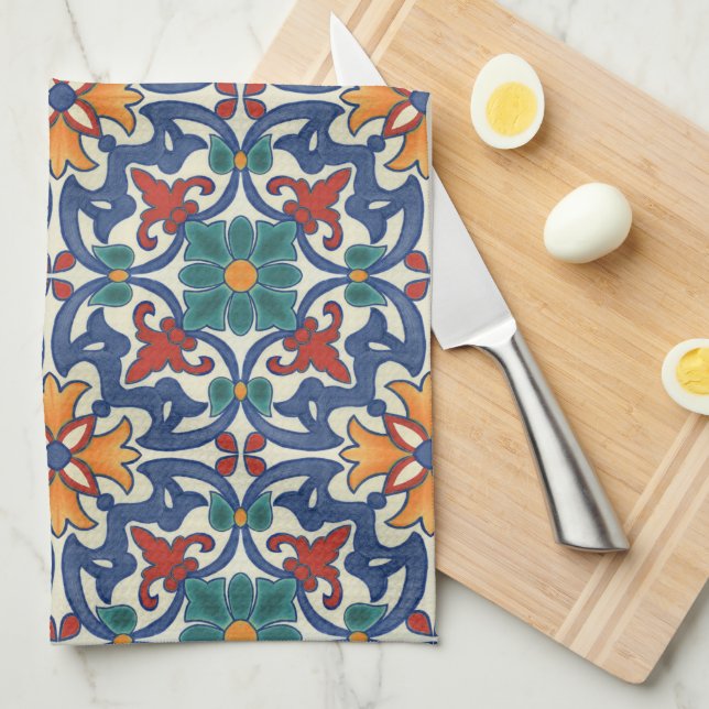 Colourful Azulejos Pattern  Tea Towel (Quarter Fold)