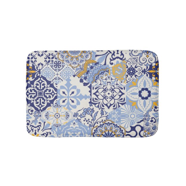Colourful Azulejos tiles: hand-drawn pattern. Bath Mat (Front)