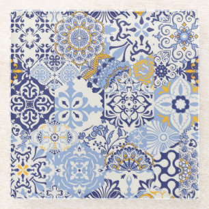 Colourful Azulejos tiles: hand-drawn pattern. Glass Coaster