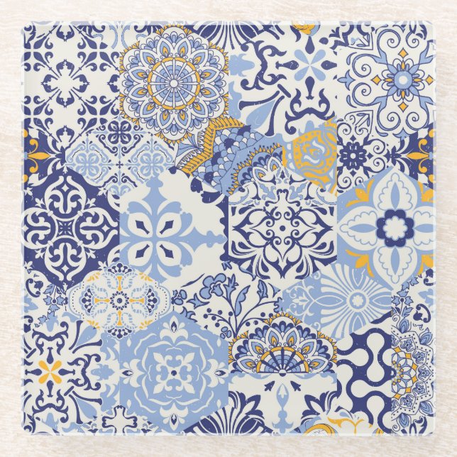 Colourful Azulejos tiles: hand-drawn pattern. Glass Coaster (Front)