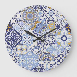 Colourful Azulejos tiles: hand-drawn pattern. Large Clock