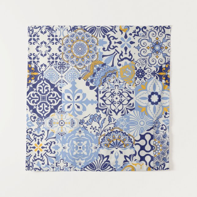 Colourful Azulejos tiles: hand-drawn pattern. Tapestry (Front)