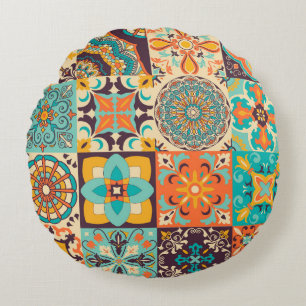 Colourful Azulejos Traditional Tiles Set Round Cushion