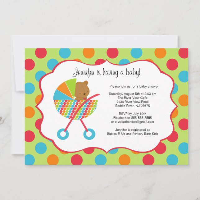 Colourful Baby Carriage Bear Baby Shower Invitatio Invitation (Front)