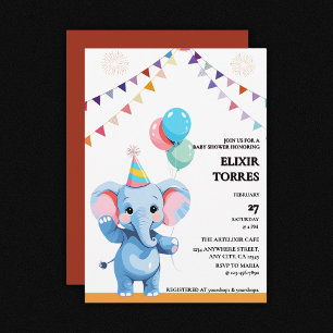 Colourful Baby Elephant with Balloons Baby Shower Invitation