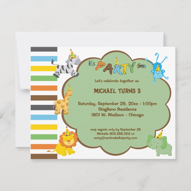 Colourful Baby Party Animals Customisable Invite (Front)