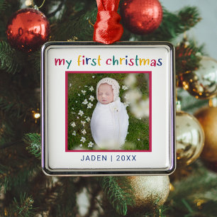 Colourful Baby's First Christmas Photo Metal Tree Decoration