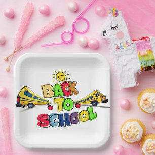 Colourful Back to School Cartoon Design with Schoo Paper Plate