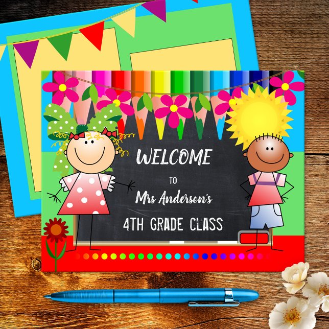 Colourful Back to School Chalkboard Postcard (A cheerful postcard featuring happy children on a chalkboard background with colored pencils)