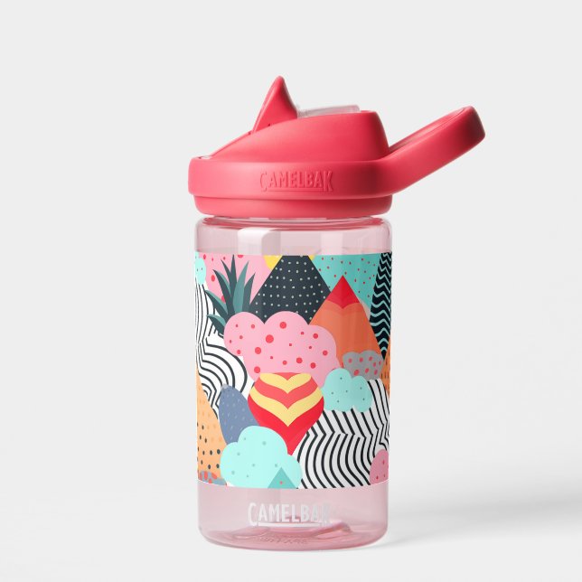 Colourful background of shapes, dots and lines water bottle (Left)