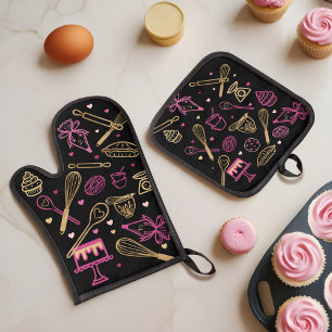 Colourful Baking & Cooking Utensil Black Gold Pink Oven Mitt & Pot Holder Set