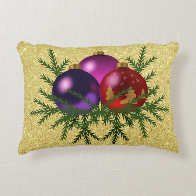 Colourful Ball Ornaments Gold Faux Glitter Decorative Cushion (Front)