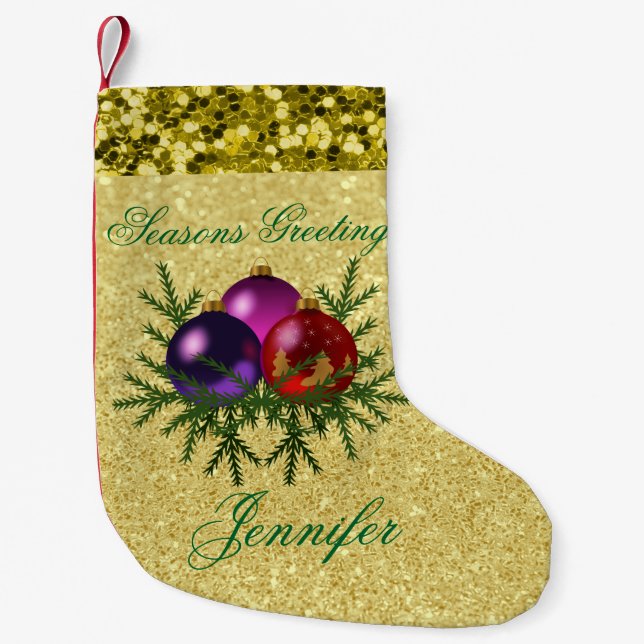 Colourful Ball Ornaments Gold Faux Glitter Small Christmas Stocking (Front)