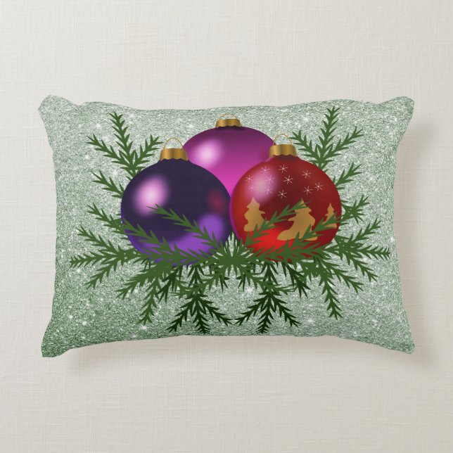 Colourful Ball Ornaments Soft Green Faux Glitter Decorative Cushion (Front)