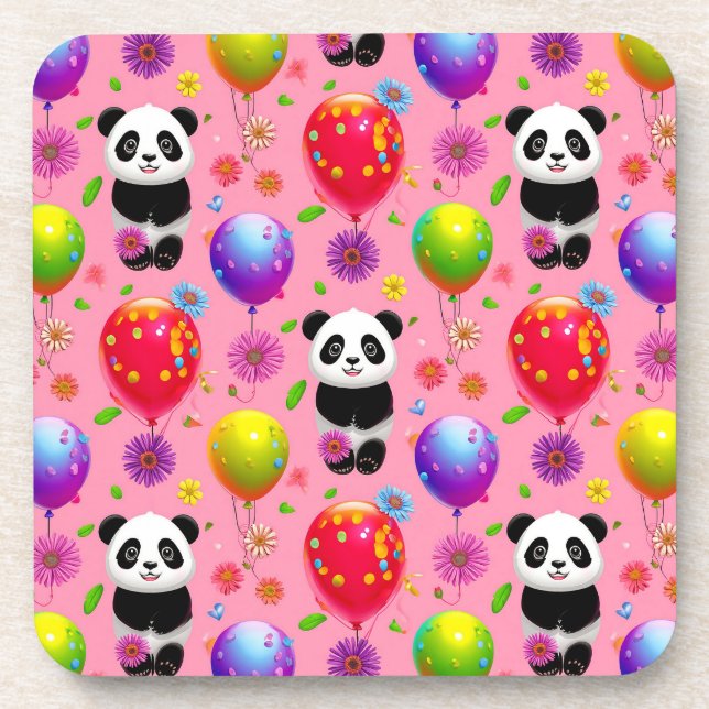 Colourful Balloon and Panda Pattern with Flowers Coaster (Front)