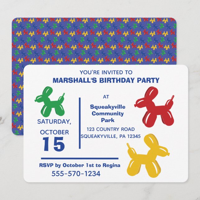 Colourful Balloon Animals Dogs Kids Birthday Party Invitation (Front/Back)