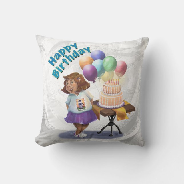 Colourful Balloon Birthday Girl and Cake Cushion (Front)